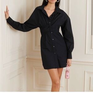 Alexander Wang Threaded Ruched Cotton Shirt Dress in Black, Size 8, NWT